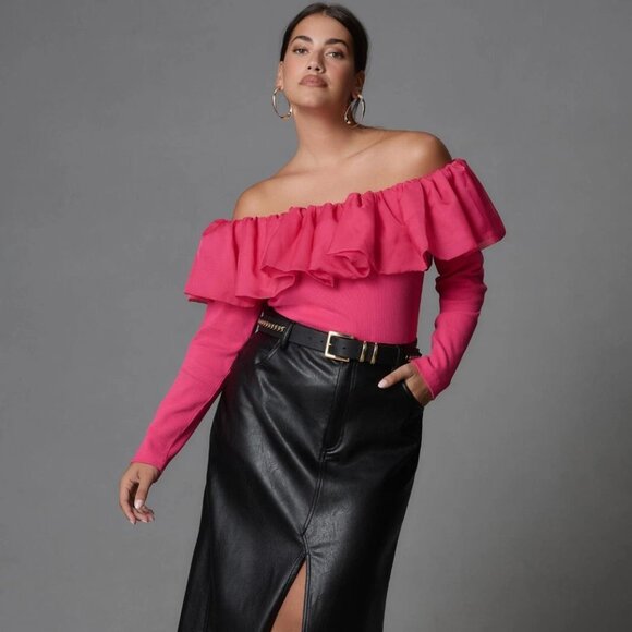 By Anthropologie Off-The-Shoulder Organza Ruffle Top Pink Long Sleeve Blouse XXS - Picture 3 of 8